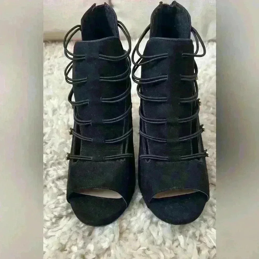 Jessica Simpson black suede like open toe elastic strap heels